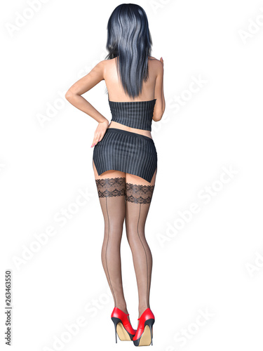 Long-haired sexy brunette secretary uniform black stocking.Short mini skirt striped jacket.Beautiful girl glasses sexually explicit pose.3D rendering isolate illustration.
