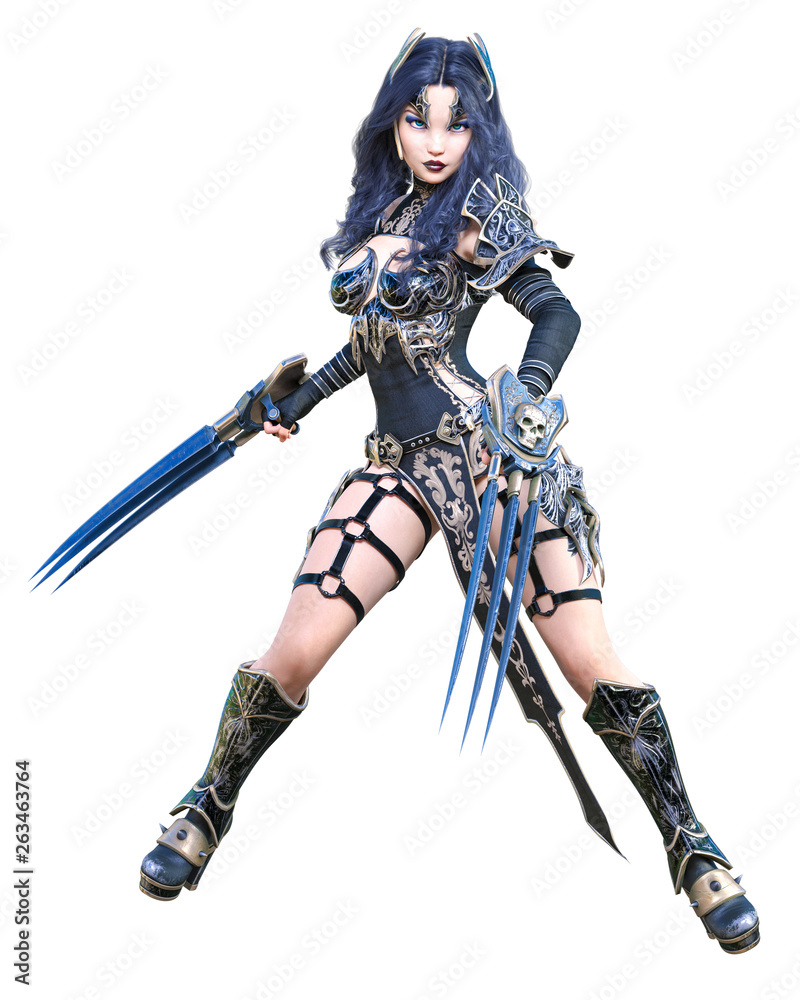 Warrior amazon woman sword and metal blade.Long dark hair.Elven warrior.Comic hero.Muscular athletic body.Girl standing aggressive pose.Conceptual fashion art.3D rendering isolate illustration Warrior amazon woman sword and metal blade.Long dark hair.Elven warrior.Comic hero.Muscular athletic body.Girl standing aggressive pose.Conceptual fashion art.3D rendering isolate illustration