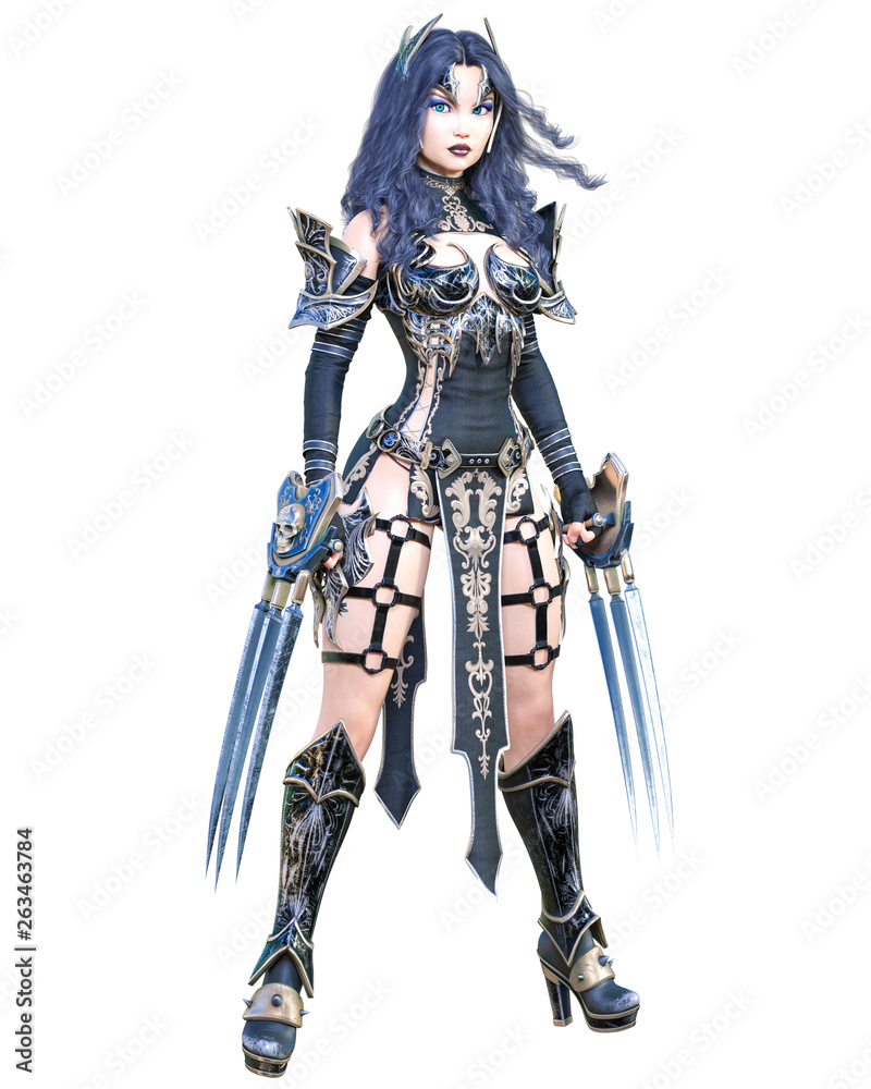Warrior amazon woman sword and metal blade.Long dark hair.Elven warrior.Comic hero.Muscular athletic body.Girl standing aggressive pose.Conceptual fashion art.3D rendering isolate illustration Warrior amazon woman sword and metal blade.Long dark hair.Elven warrior.Comic hero.Muscular athletic body.Girl standing aggressive pose.Conceptual fashion art.3D rendering isolate illustration