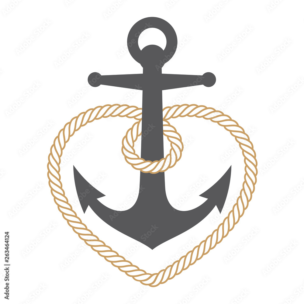 Vector marine anchor with rope heart. Isolated on white background. Stock  Vector