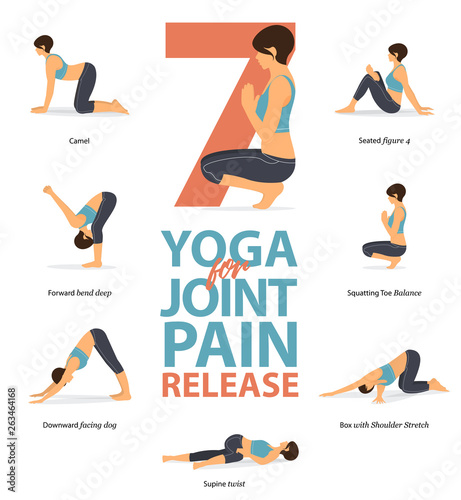 Set of yoga postures female figures Infographic . 7 Yoga poses for Joint Pain Release flat design. Woman figures exercise in blue sportswear and black yoga pants. Vector Illustration.