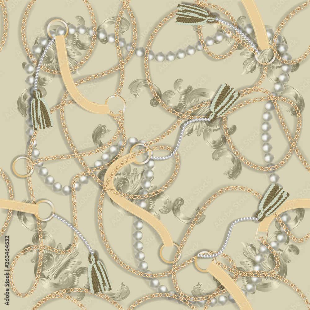 Seamless Baroque print with golden chains, braid, pearls, belts, tassel, baroque elments for fabric design. Vector patch for print, fabric, scarf design