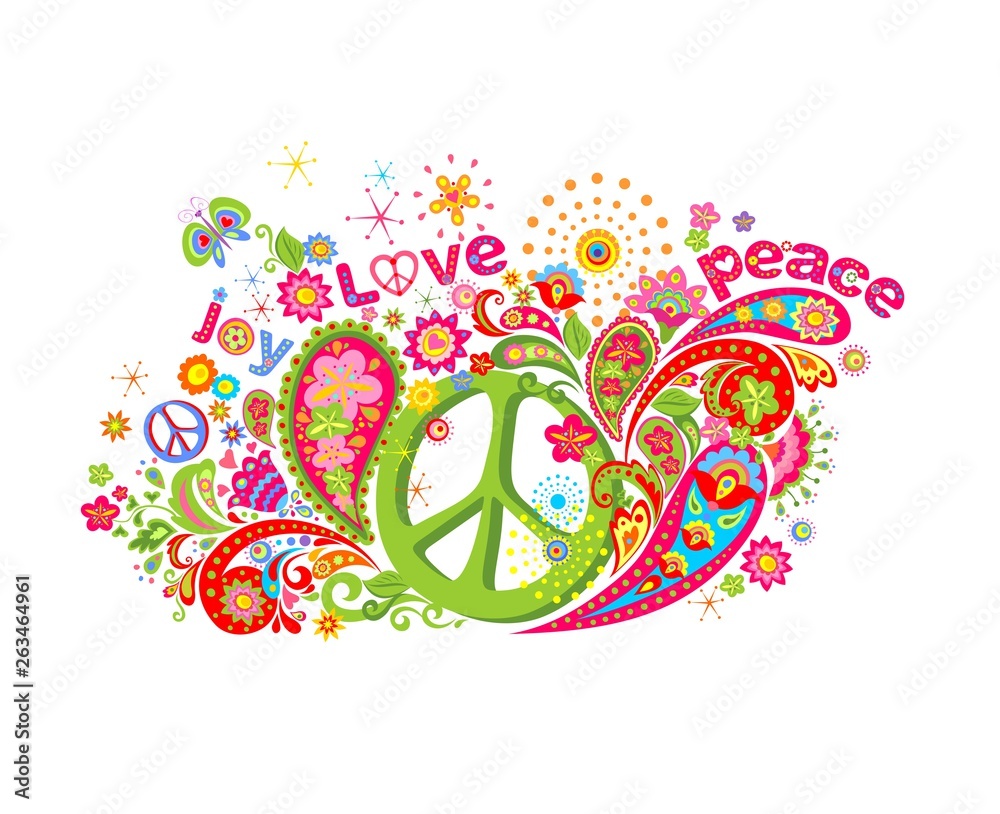 Psychedelic colorful print with hippie peace symbol, flower-power, love,  peace and joy word, butterfly and paisley vector de Stock | Adobe Stock