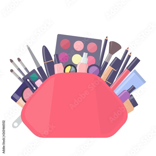 Big pink cosmetic bag with different decorative cosmetics. Everything for make up. Vector illustration.