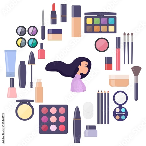 Woman face surrounded by decorative cosmetics elements. Everything for make up and self care.