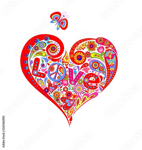 T shirt with colorful abstract heart shape with hippie peace symbol, daisy, love lettering and funny butterfly isolated on white background