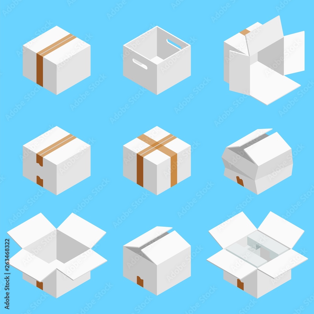 Isometric set of white cardboard box isolated on cian background. Isoleted vector illustration. Open and close empty carton packaging box of cartoon style for your bisiness design Isometric set of white cardboard box isolated on cian background. Isoleted vector illustration. Open and close empty carton packaging box of cartoon style for your bisiness design