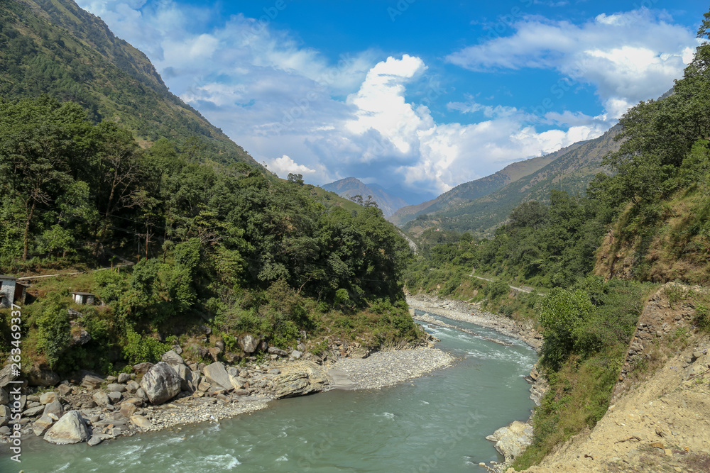 Top view of a riverscape in the Himalayas Top view of a riverscape in the Himalayas