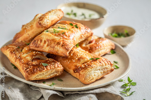 Crispy sausage roll with thyme and sesame seeds
