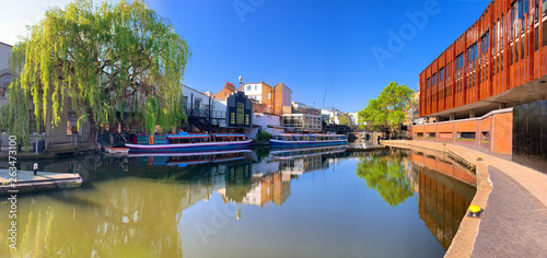 Panoramic view of the vintage and famous architecture and boats among the canal in Camden town region of London