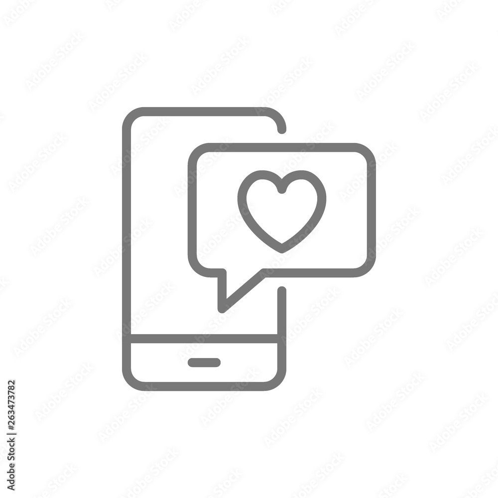 Phone with heart bubble, love chat, like message, positive feedback line icon. Phone with heart bubble, love chat, like message, positive feedback line icon.