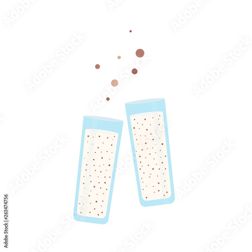 Two glasses clinking with a milky cocktail. Above the glasses are decorative bubbles. Illustration in simple flat style on a white isolated background.Vector illustration.
