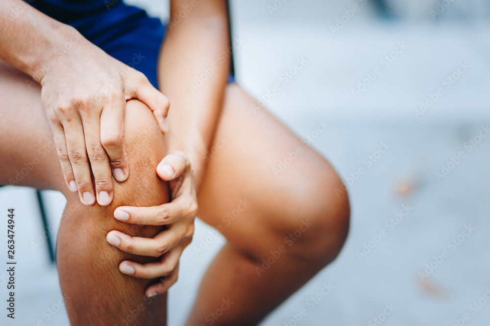 young women knee ache, healthcare concept - obrazy, fototapety, plakaty 