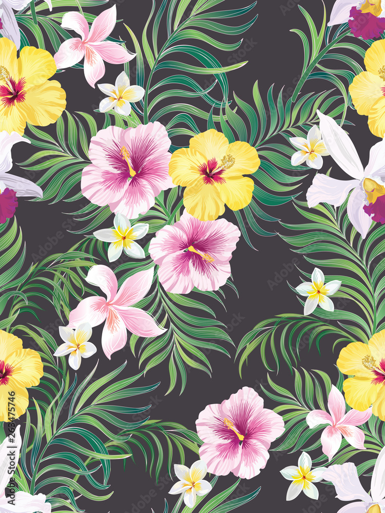 Seamless tropical print with jungle flowers and palm leaves. Vector background.