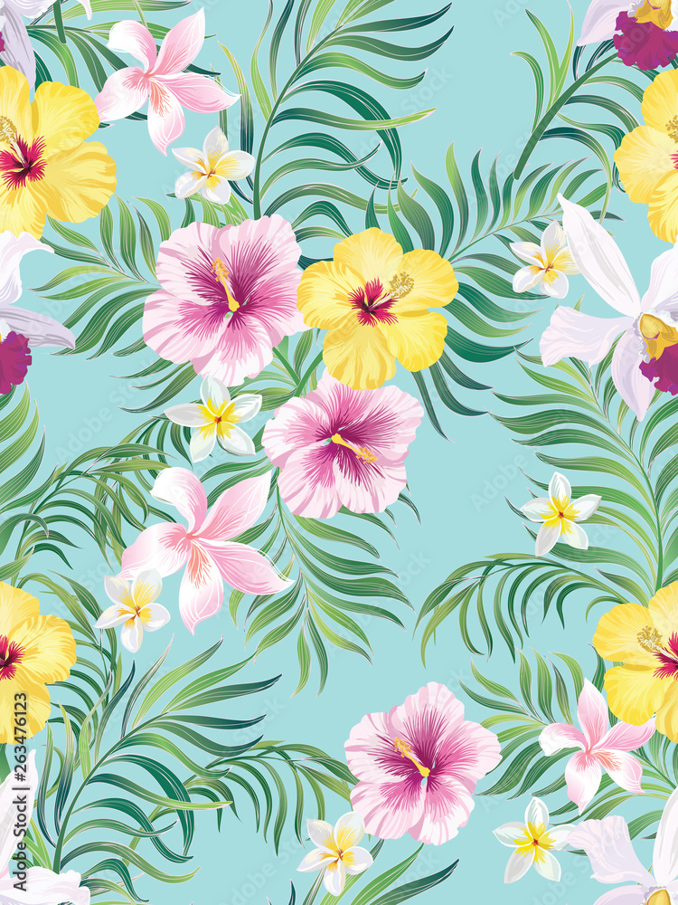 Seamless tropical print with jungle flowers and palm leaves. Vector background.