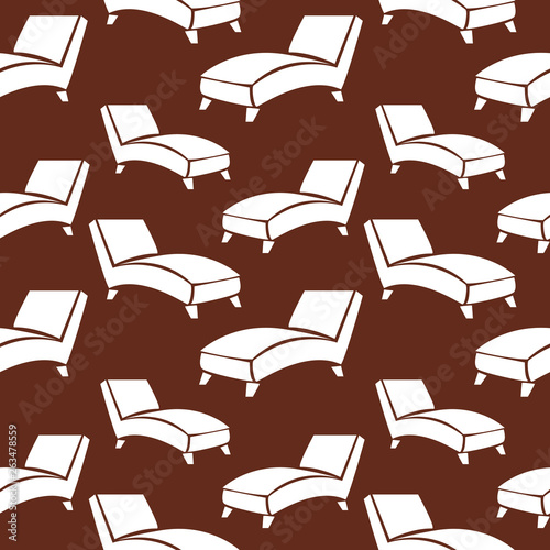 Armchairs seamless pattern. Lounge chair, white recliner chair isolated on brown background, psychiatrist chair, furniture for relaxing. Vector backdrop.