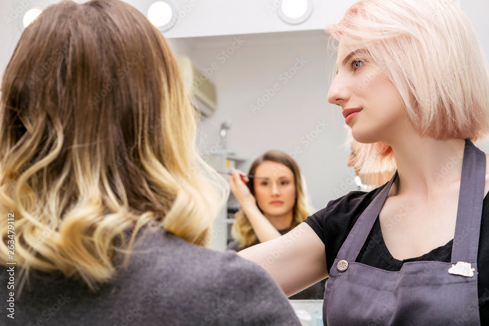 Brow and make up artist shaping and coloring eyebrows of her woman client in salon. Procedure in process. Space for text Brow and make up artist shaping and coloring eyebrows of her woman client in salon. Procedure in process. Space for text