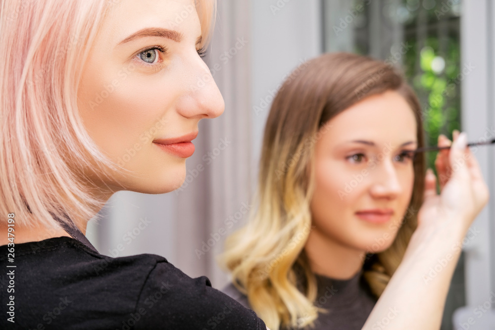Brow and make up artist shaping and coloring eyebrows of her woman client in salon. Procedure in process. Space for text Brow and make up artist shaping and coloring eyebrows of her woman client in salon. Procedure in process. Space for text
