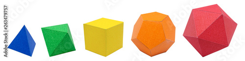 Regular solids: tetrahedron, hexahedron, octahedron, dodecahedron and icosahedron