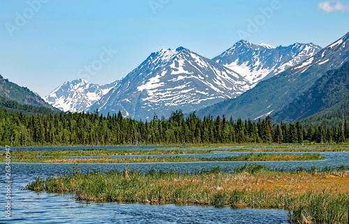 Blue mountain lake under snow-capped mountains