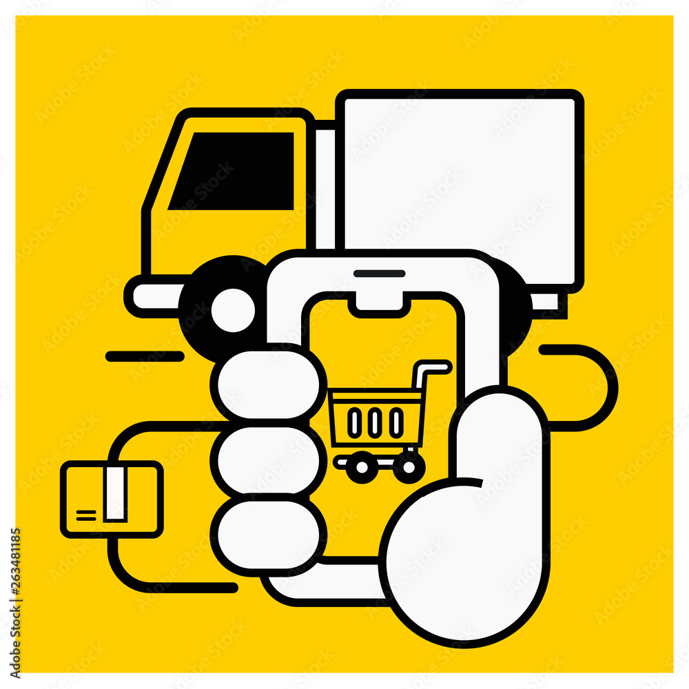 Online shopping delivery service illustration, delivery car from smartphone. Internet shipping concept. Vector icon banner Online shopping delivery service illustration, delivery car from smartphone. Internet shipping concept. Vector icon banner