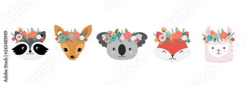 Fototapeta Naklejka Na Ścianę i Meble -  Cute animals heads with flower crown, vector illustrations for nursery design, poster, birthday greeting cards. Panda, llama, fox, koala, cat, dog, raccoon and bunny