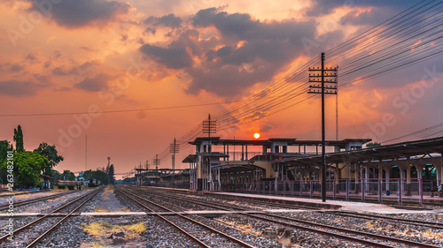 outdoor landscape railway train station sunset background