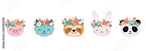Cute animals heads with flower crown  vector illustrations for nursery design  poster  birthday greeting cards. Panda  llama  fox  koala  cat  dog  raccoon and bunny