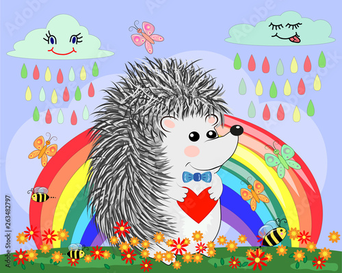 Lovely cartoon hedgehog near the seven-colored rainbow in a clear, sunny cheer, a summer day