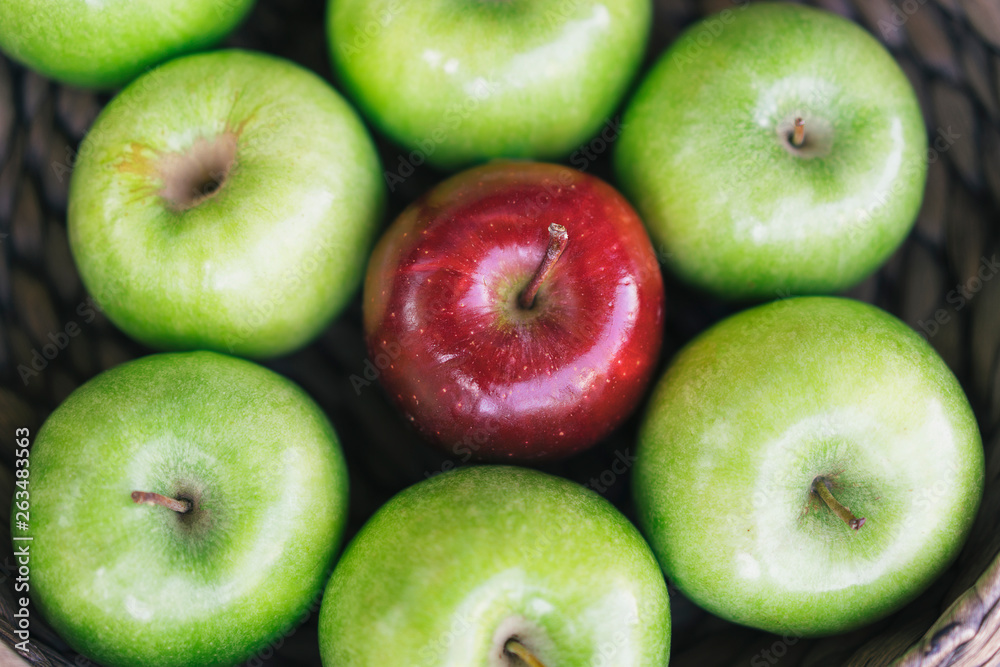 Closeup view of a healthy colorful green apples and one red apple in a basket and the tasty benefits of each. Be different Closeup view of a healthy colorful green apples and one red apple in a basket and the tasty benefits of each. Be different