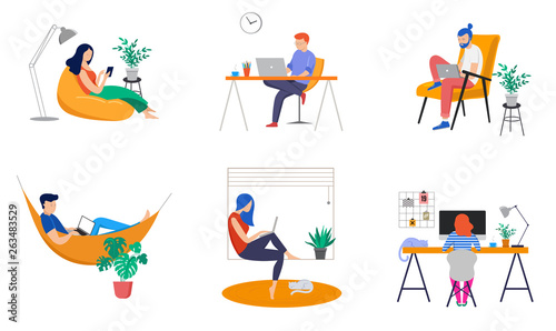 Working at home, coworking space, concept illustration. Young people, man and woman freelancers working at home. Vector flat style illustration