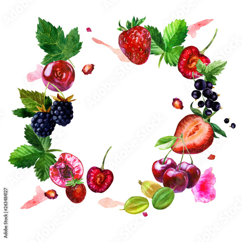 Watercolor illustration  frame. Berries on white background. Cherry berries  cherry stones  strawberries  blackberries  currants  gooseberries  leaves  pink spots.