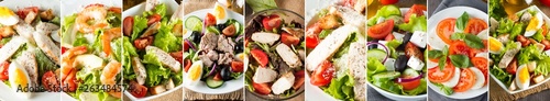 Photo of collage of fresh salads. Healthy food concept. Diet food. Greek, Caesar, shrimp, caprese salad.