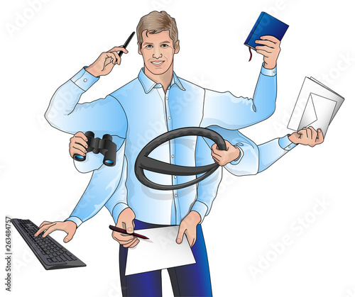 illustration with the image of a young man who performs a lot of cases, communicability symbolizes the modern man photo