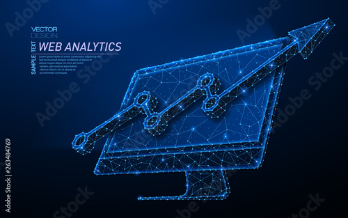 Abstract polygonal light design of computer monitor, arrow growth chart.