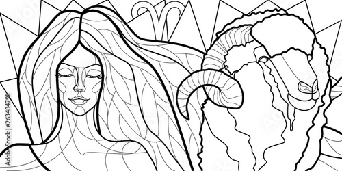 black and white illustration with the image of a girl personifying the zodiac sign, stained Glass style