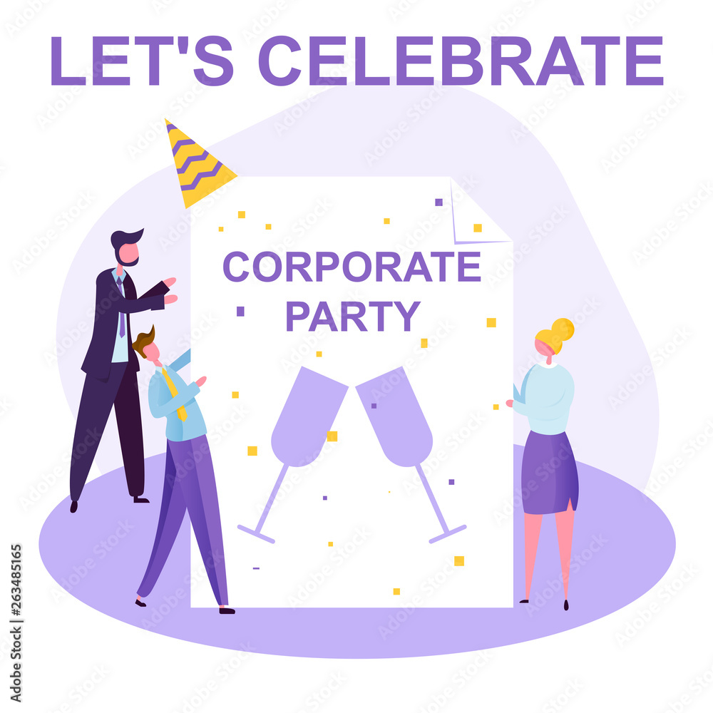 employees celebrate together a holiday, fun pastime in the office, friendly team having fun, vector image, colorful illustration with characters employees celebrate together a holiday, fun pastime in the office, friendly team having fun, vector image, colorful illustration with characters