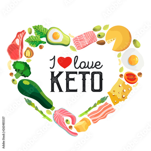 A Frame in a shape of a heart that consist of ketogenic diet products isolated on a black background. Vector illustration of keto food.