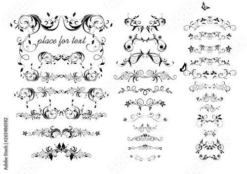 Vintage decorative floral arch, borders, headers and titles collection. Black and white design for wedding invitation, book dividers, boutique sign-board