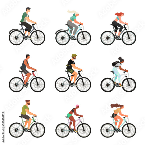 Cpllection of people riding bicycles isolated on a white background. A set of young, healthy and happy people on their bikes keeping a healthy lifestyle. Colorful vector illustration.