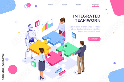 Flat cyborg idea  interactive engineer image. Partnership contact. Human interaction. Banner between white background  between empty space. 3d images isometric vector illustrations. Interacting people