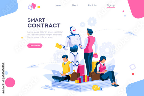 Flat cyborg idea, interactive engineer image. Partnership contact. Human interaction. Banner between white background, between empty space. 3d images isometric vector illustrations. Interacting people