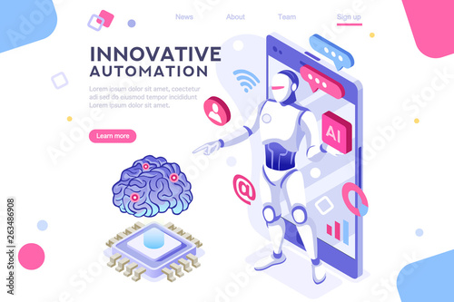Colored hi integrated scientific innovative machine. Innovation, clever brain, artificial intelligence. Banner between white background, between empty space. 3d images isometric vector illustrations.