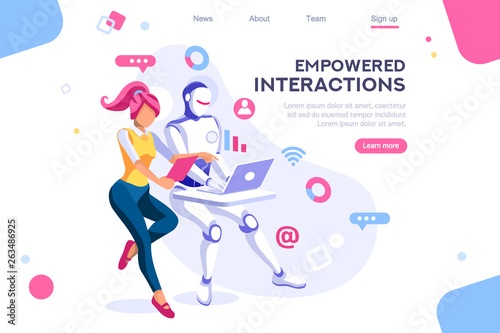 Flat cyborg idea, interactive engineer image. Partnership contact. Human interaction. Banner between white background, between empty space. 3d images isometric vector illustrations. Interacting people