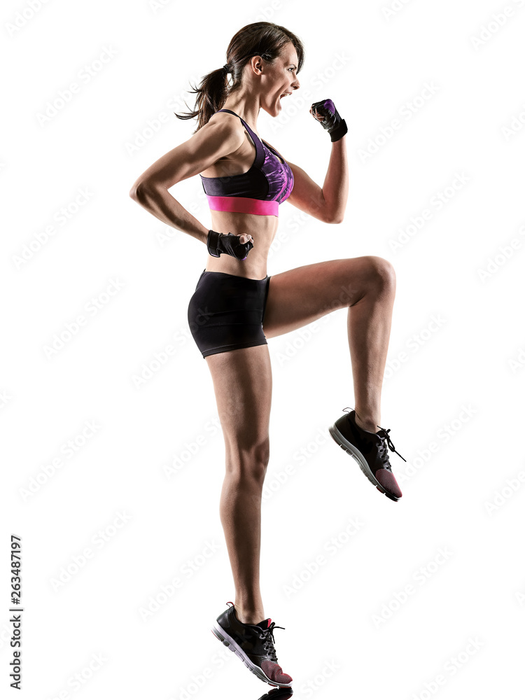 one caucasian woman exercising cardio boxing cross core workout fitness exercise aerobics silhouette isolated on white background one caucasian woman exercising cardio boxing cross core workout fitness exercise aerobics silhouette isolated on white background