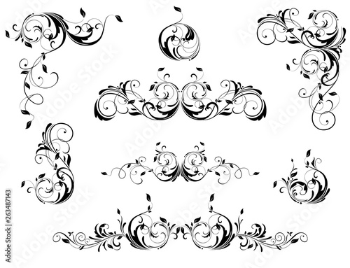 Vintage floral borders, angles and headers vector set. Black and white retro design