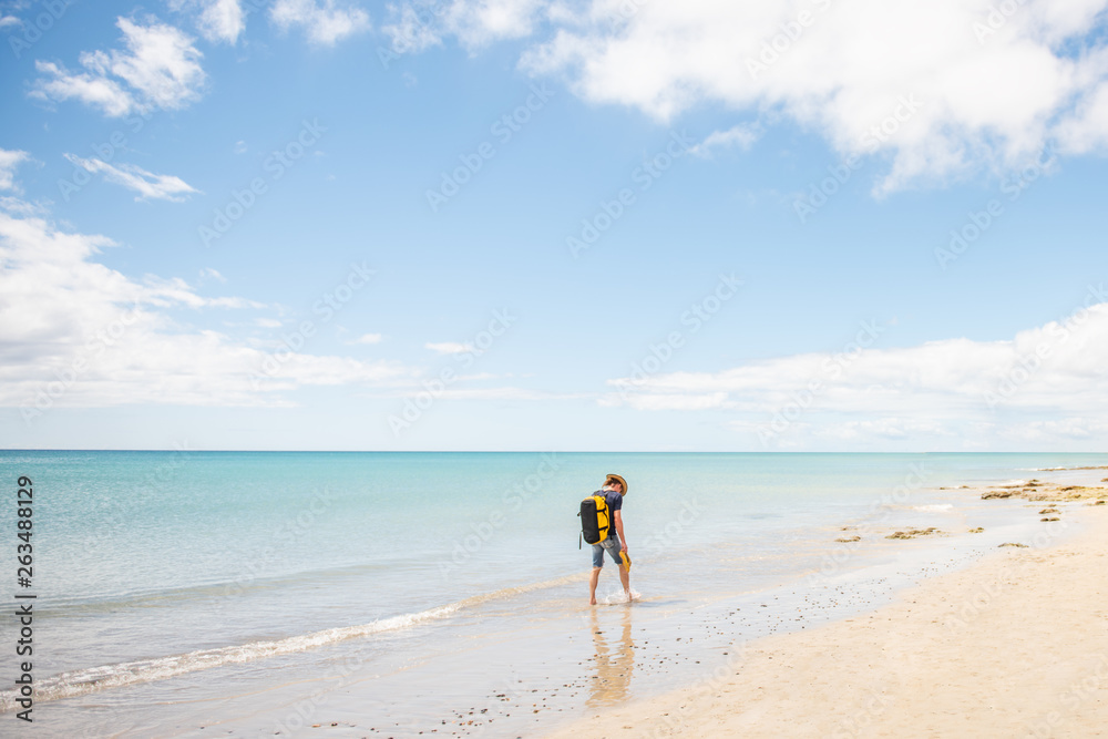 lonenly traveler walks costa calma beach in fuerteventura 