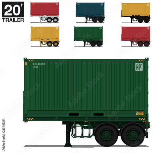 Isolated container 20 Ft on trailer on transparent background