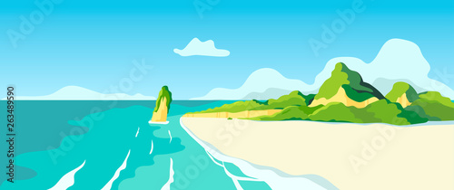 Vector illustration of a beach and a sea coast landscape. Creative banner, flyer, blog post or landing page for tour operator or travel agency. Summer theme background or wallpaper.