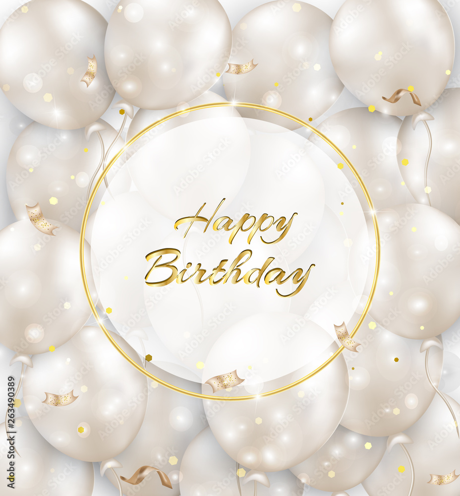 Happy birthday background with white balloons, confetti, sparkles, lights. Vector illustrations for greeting cards, banners for sales, poster. Stock  Vector | Adobe Stock
